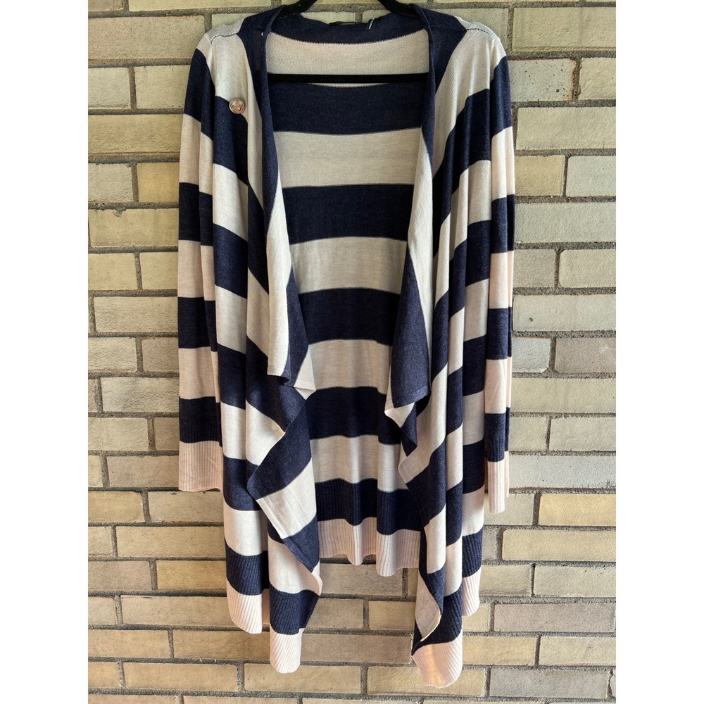 Vice Versa Navy Blue Cream Striped Draped Button Cardigan Sweater Size Small